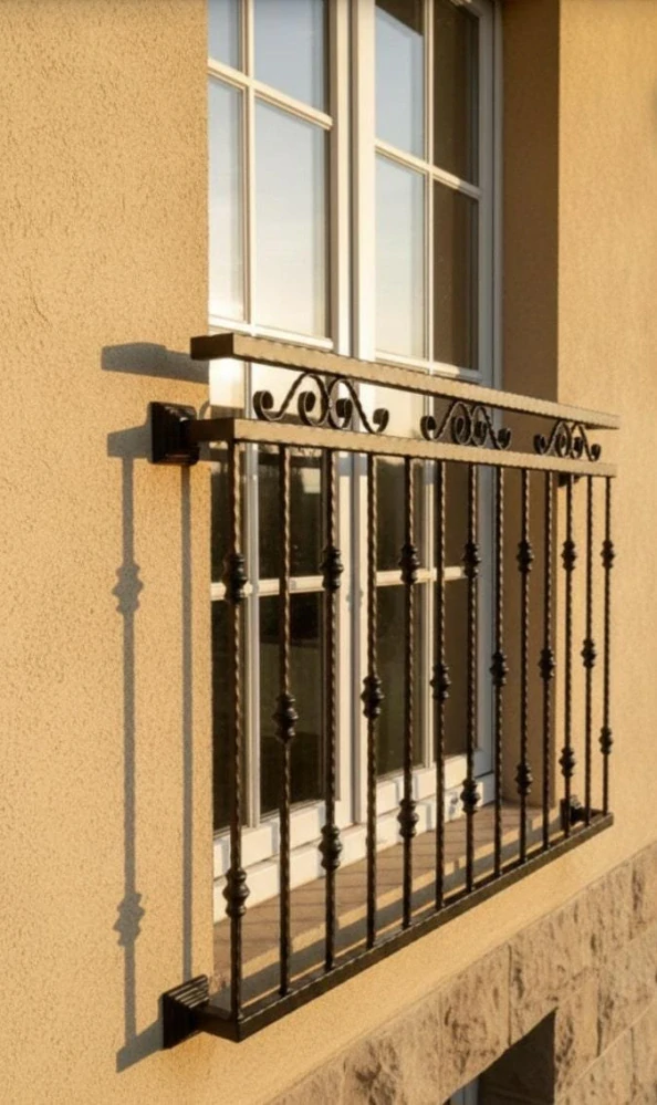 Klasický francouzský balkon s kroucenými tyčemi na okně domu s pískovou fasádou