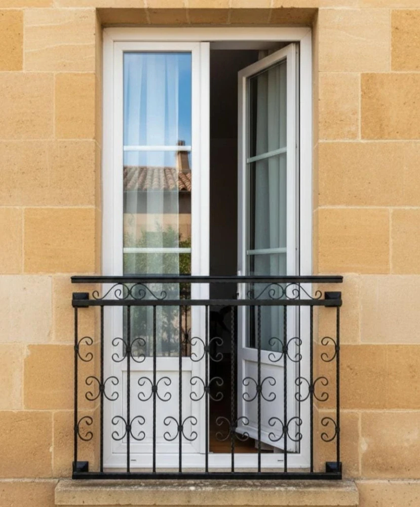 Ozdobný francouzský balkon s ornamenty na otevřených francouzských dveřích pískovcového domu