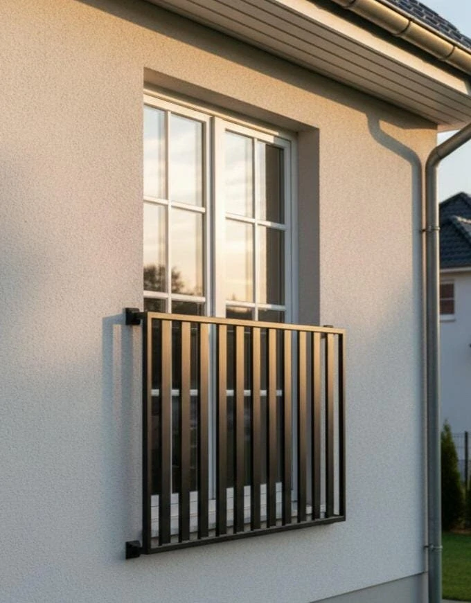 Moderní francouzský balkon se svislými lamelami před francouzským oknem na světlé fasádě