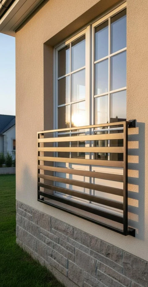 Moderní francouzský balkon s vodorovnými lamelami před vysokým oknem při západu slunce