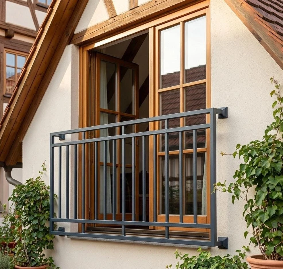 Industriální francouzský balkon s geometrickým rámem na hrázděném domě s dřevěnými dveřmi