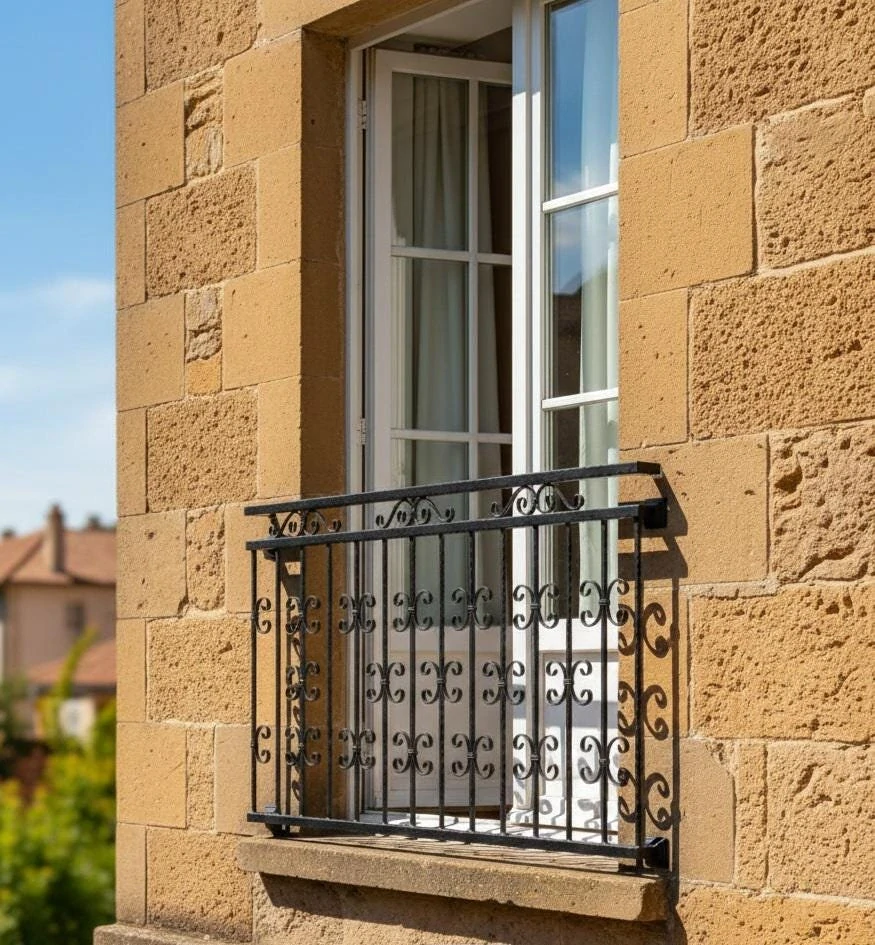 Zábradlí s ornamenty jako francouzský balkon na kamenném domě, pohled z boku
