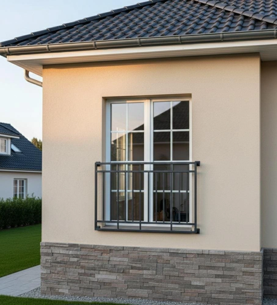 Moderní francouzský balkon s geometrickým rámem na okně světlého domu