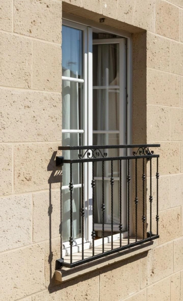 Klasický francouzský balkon na okně světlé kamenné fasády