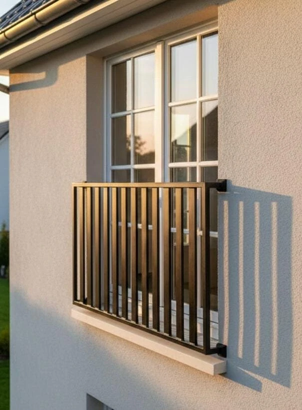 Francouzský balkon se svislými ocelovými lamelami ve večerním slunci, pohled z boku