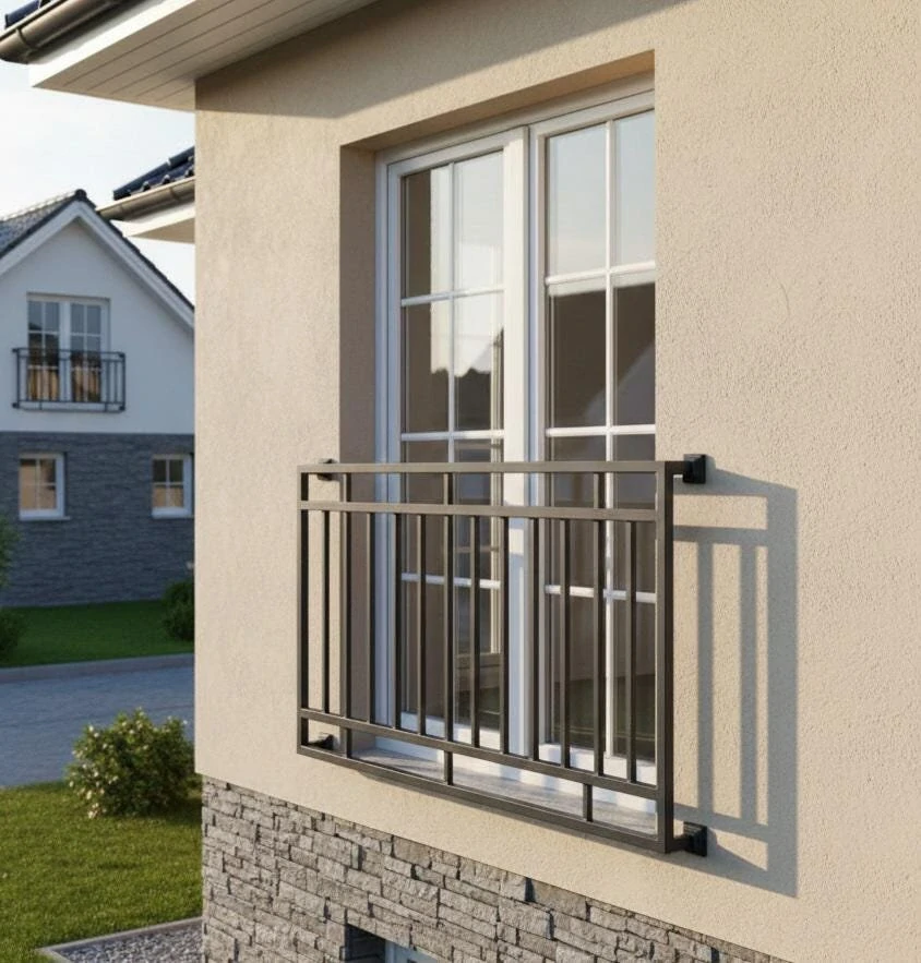 Geometrické zábradlí se svislými tyčemi jako francouzský balkon, pohled z boku