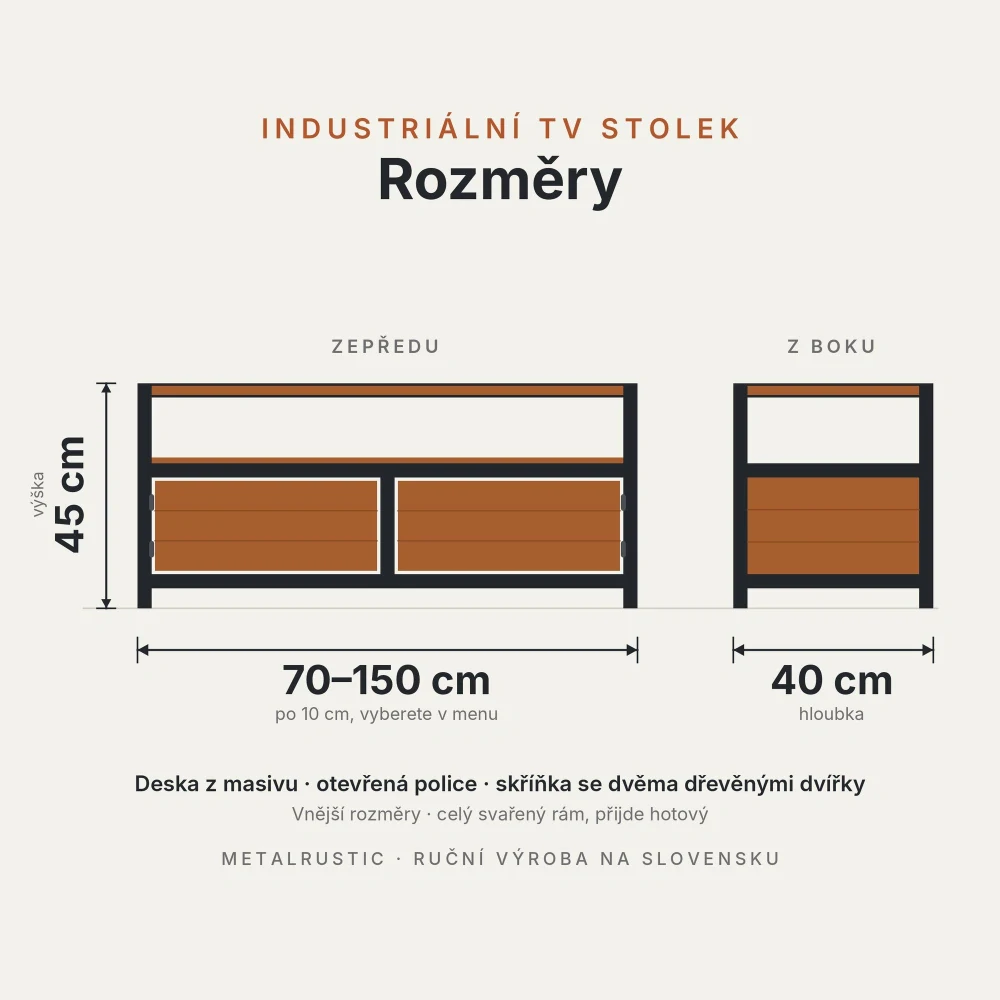 Rozměry TV stolku: délka 70–150 cm, výška 45 cm, hloubka 40 cm