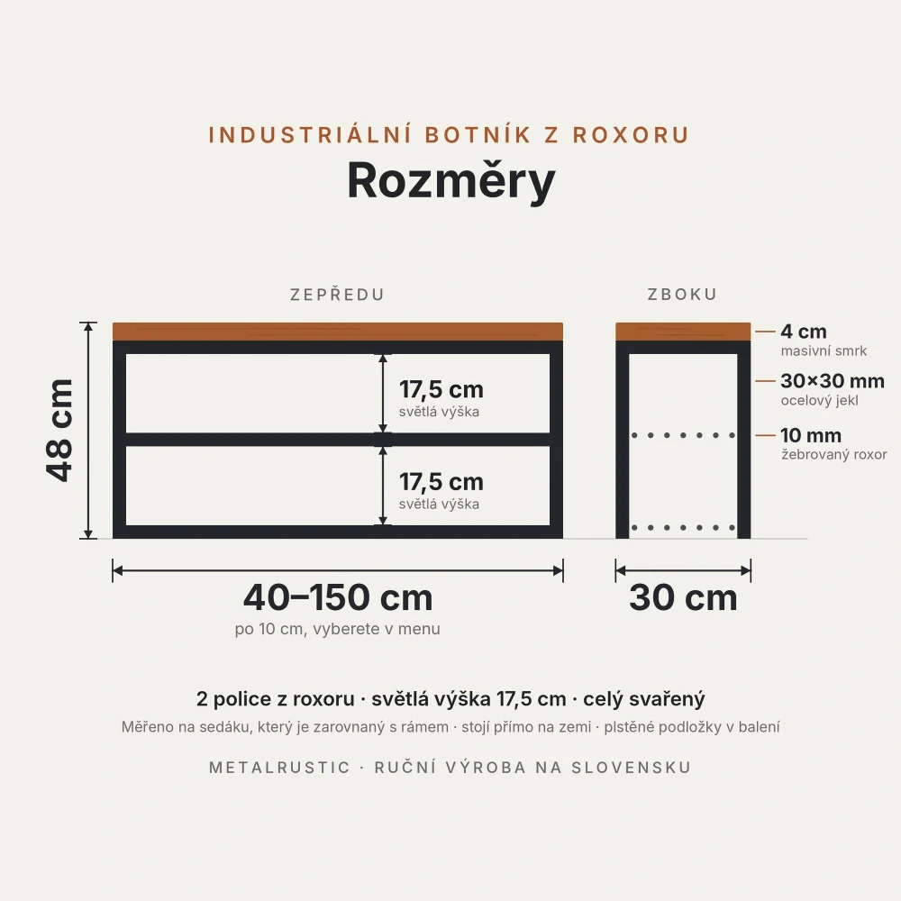 Rozměry botníku z roxoru: délka 40–150 cm, výška 48 cm, hloubka 30 cm, světlá výška polic 17,5 cm
