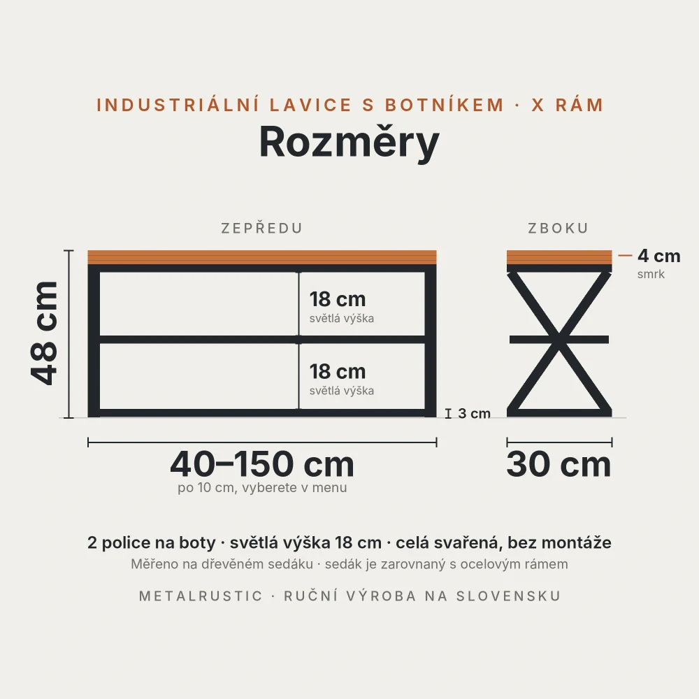 Rozměry lavice s botníkem: délka 40–150 cm, výška 48 cm, hloubka 30 cm, police 18 cm