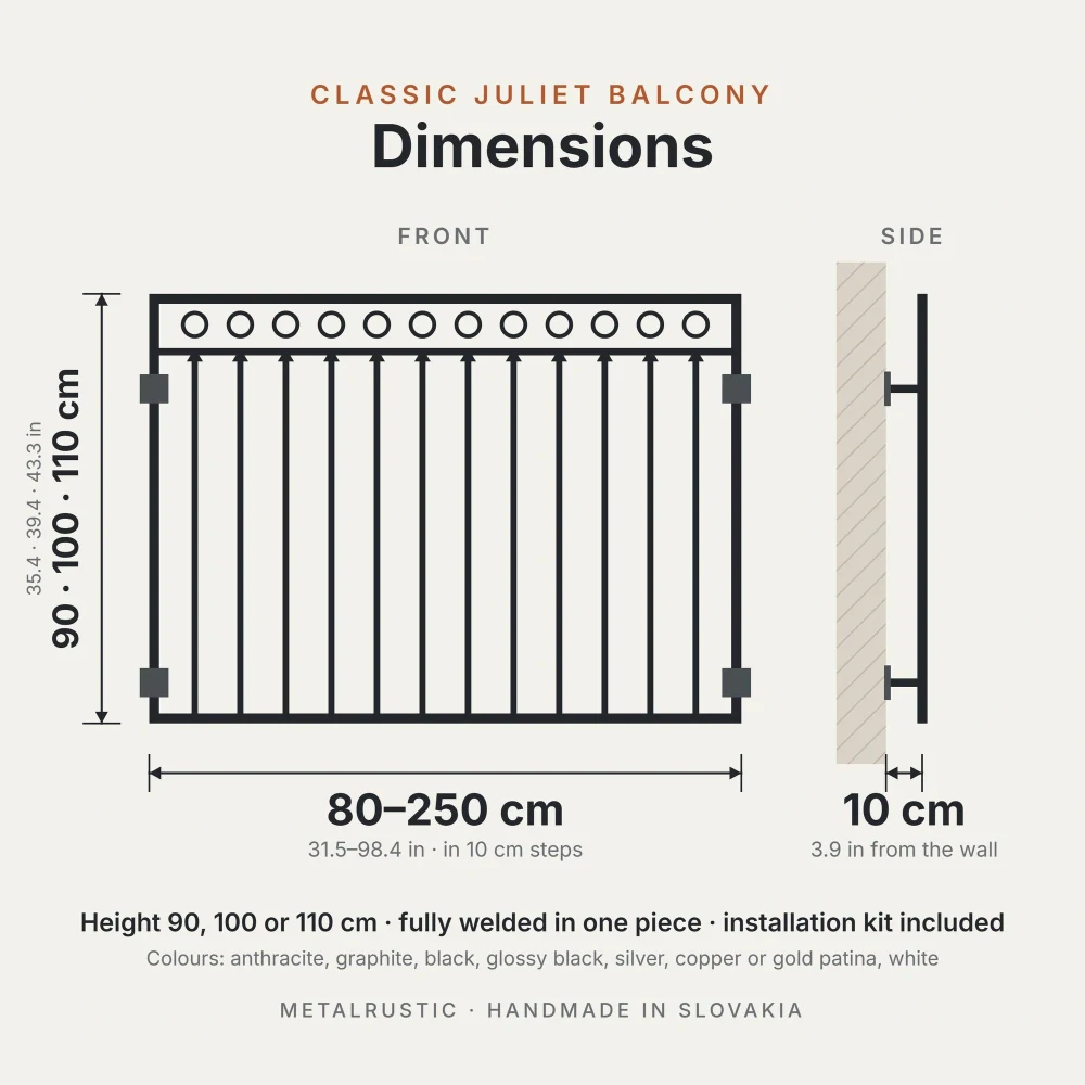 Rozměry klasického francouzského balkonu: délka 80–250 cm, výška 90, 100 nebo 110 cm, 10 cm od zdi