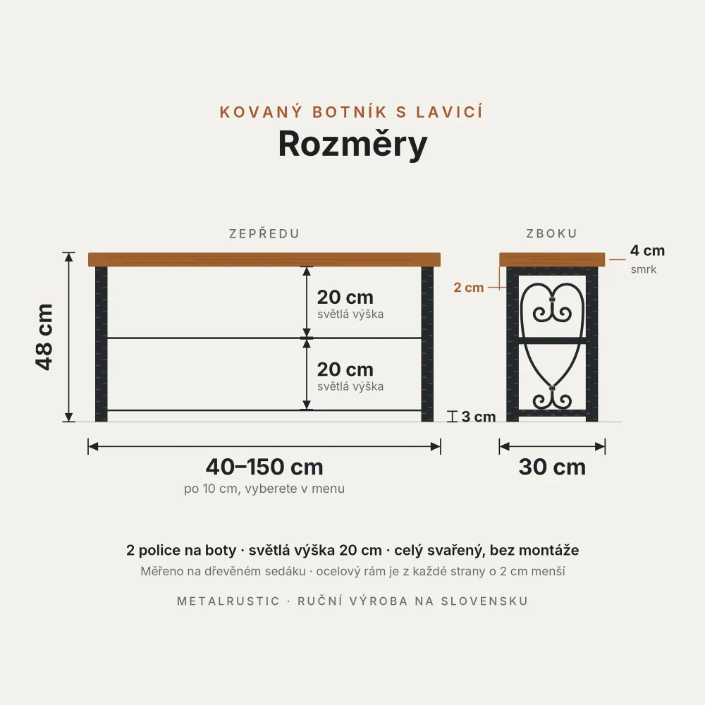 Rozměry kovaného botníku: délka 40–150 cm, výška 48 cm, hloubka 30 cm, 2 police se světlou výškou 20 cm