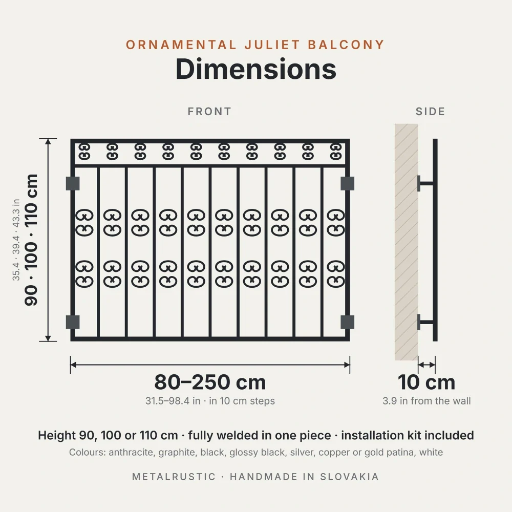 Rozměry ozdobného francouzského balkonu: délka 80–250 cm, výška 90, 100 nebo 110 cm, 10 cm od zdi