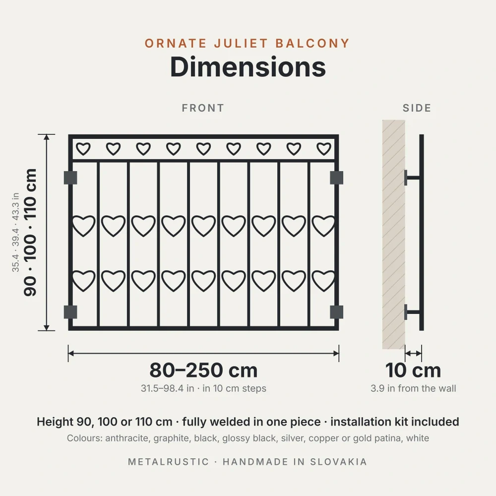 Rozměry francouzského balkonu se srdíčky: délka 80–250 cm, výška 90, 100 nebo 110 cm, 10 cm od zdi