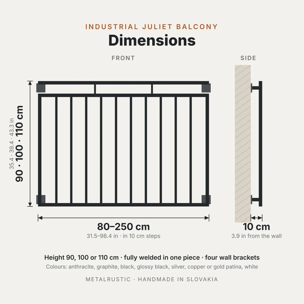 Rozměry moderního francouzského balkonu: délka 80–250 cm, výška 90, 100 nebo 110 cm, 10 cm od zdi