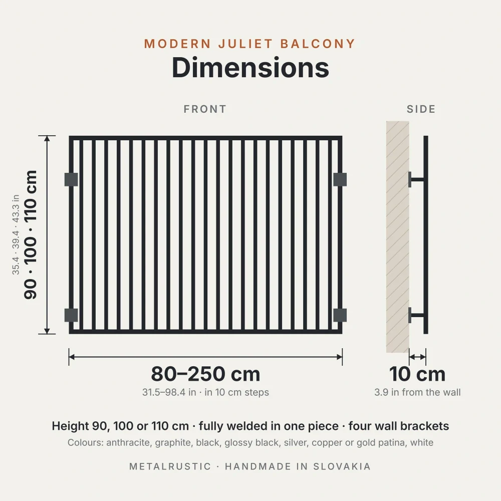 Rozměry francouzského balkonu se svislými lamelami: délka 80–250 cm, výška 90, 100 nebo 110 cm, 10 cm od zdi