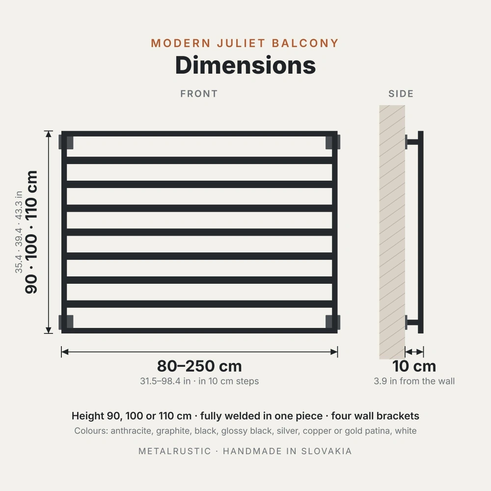 Rozměry francouzského balkonu s vodorovnými lamelami: délka 80–250 cm, výška 90, 100 nebo 110 cm, 10 cm od zdi