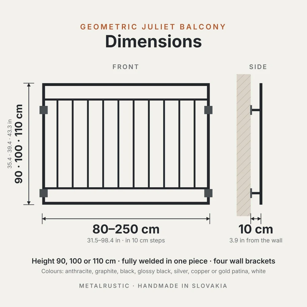 Rozměry geometrického francouzského balkonu: délka 80–250 cm, výška 90, 100 nebo 110 cm, 10 cm od zdi