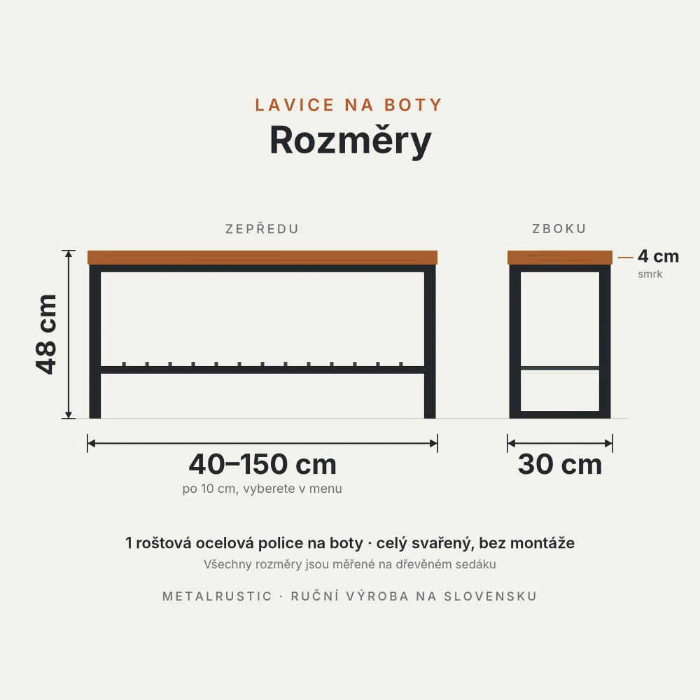 Rozměry lavice na boty: délka 40–150 cm po 10 cm, výška 48 cm, hloubka 30 cm, sedák ze smrku o tloušťce 4 cm