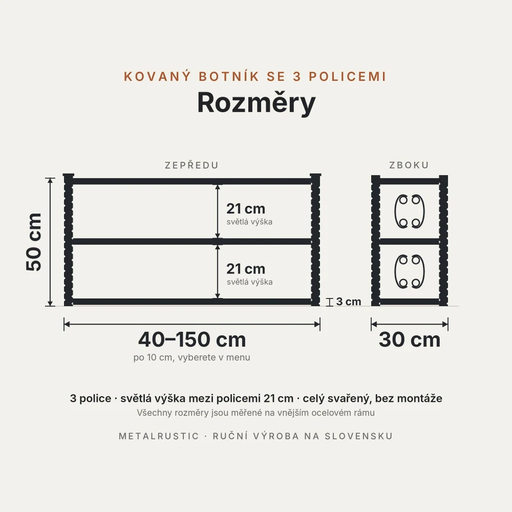 Rozměry kovaného botníku: délka 40–150 cm, výška 50 cm, hloubka 30 cm, 3 police se světlou výškou 21 cm