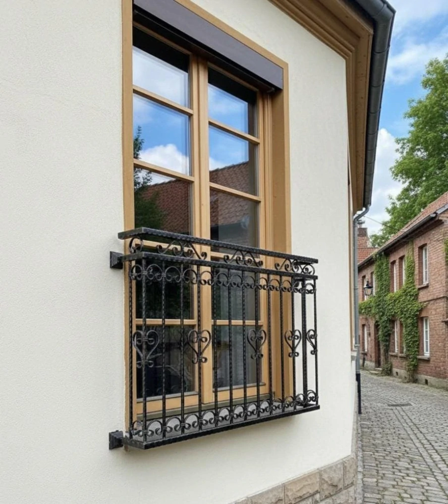 Francouzský balkon z oceli na bílé fasádě, kované zábradlí se srdíčky, pohled z boku