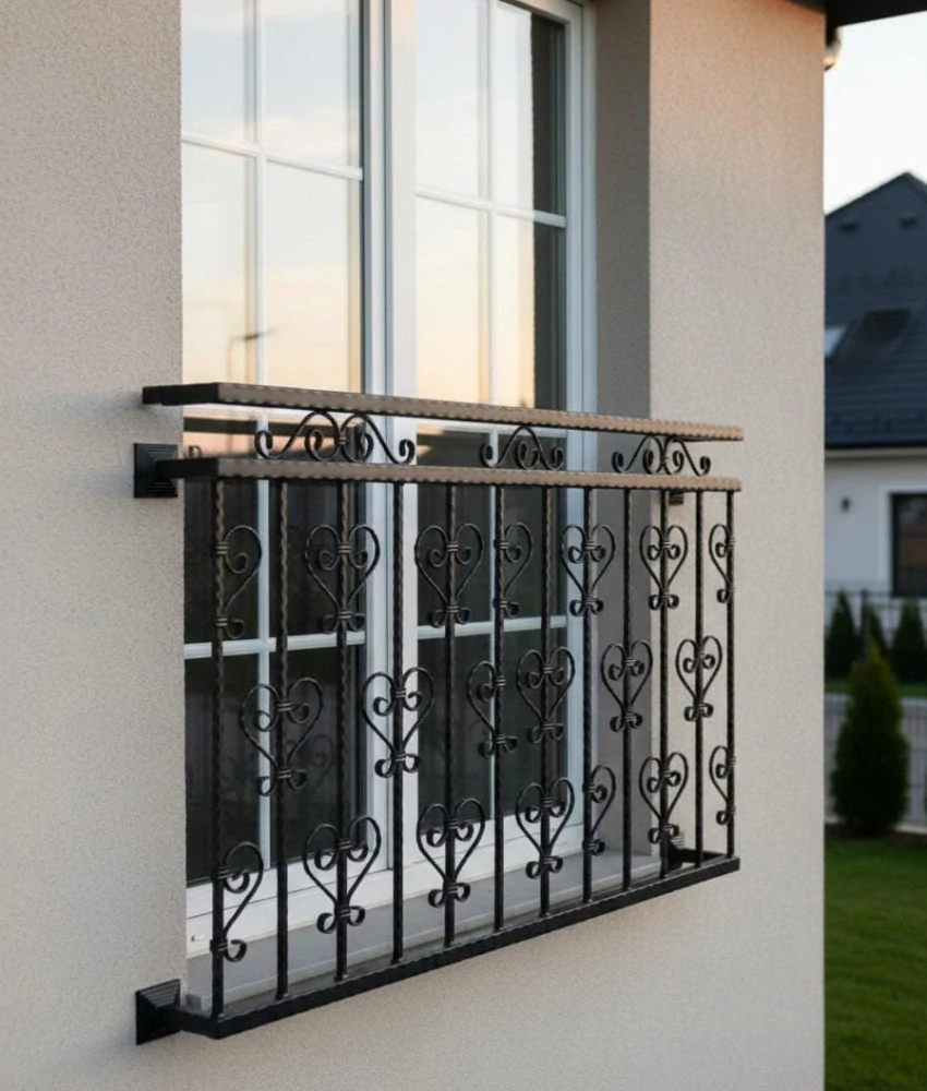 Francouzský balkon ve viktoriánském stylu se srdíčky a ornamenty, pohled zešikma