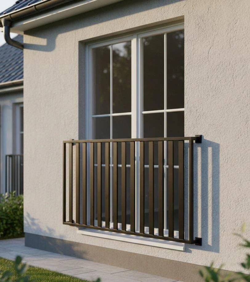 Černé lamelové zábradlí jako francouzský balkon na moderním domě