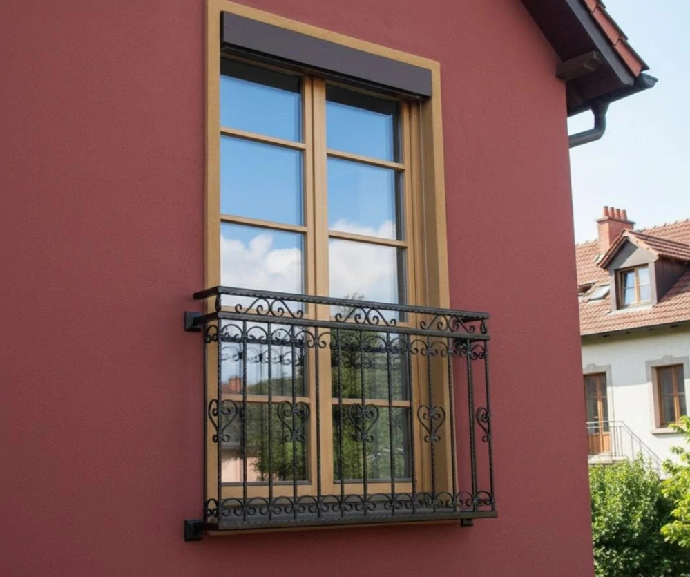 Kovaný francouzský balkon na červené fasádě rodinného domu, pohled z boku