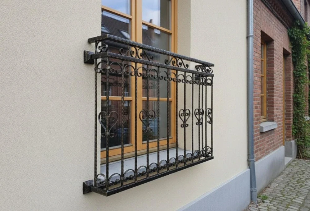 Francouzský balkon na míru na bílé fasádě vedle cihlové zdi, boční pohled