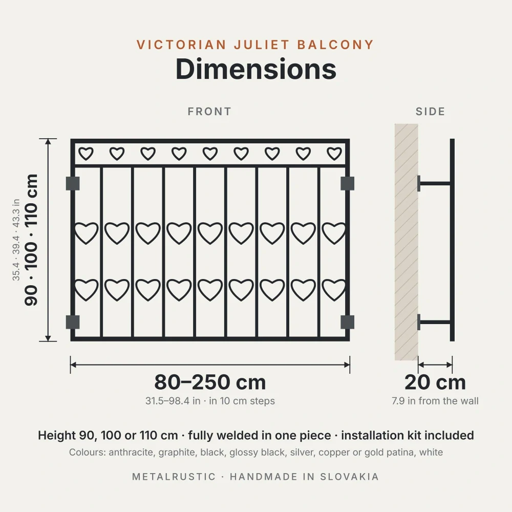 Rozměry francouzského balkonu na míru: délka 80–250 cm, výška 90, 100 nebo 110 cm, 20 cm od zdi